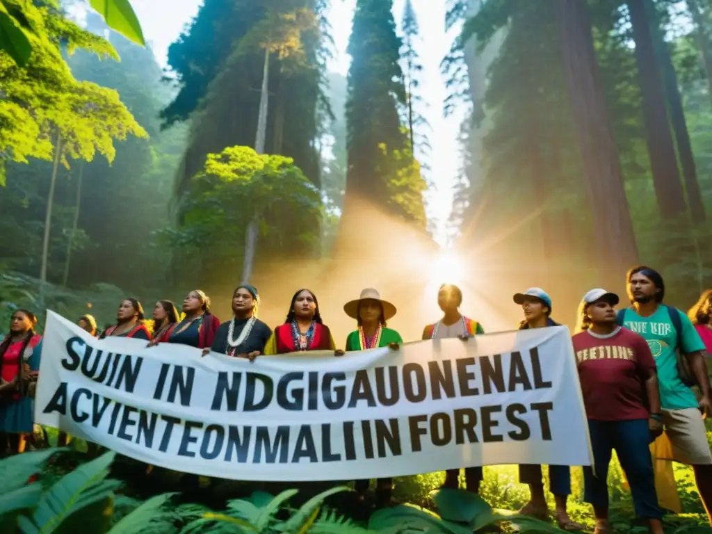 Un grupo de activistas indígenas en un bosque exuberante, sosteniendo pancartas con mensajes ambientales