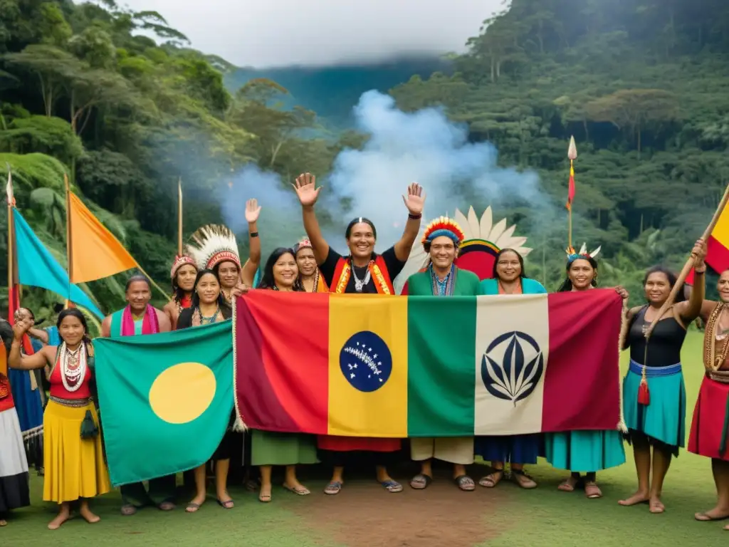 Un grupo de activistas indígenas participa en una ceremonia cultural, usando expresiones culturales como forma de lucha indígena en la selva