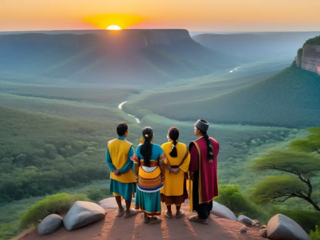 Grupo de activistas indígenas en círculo, unidos y mirando hacia el horizonte al atardecer