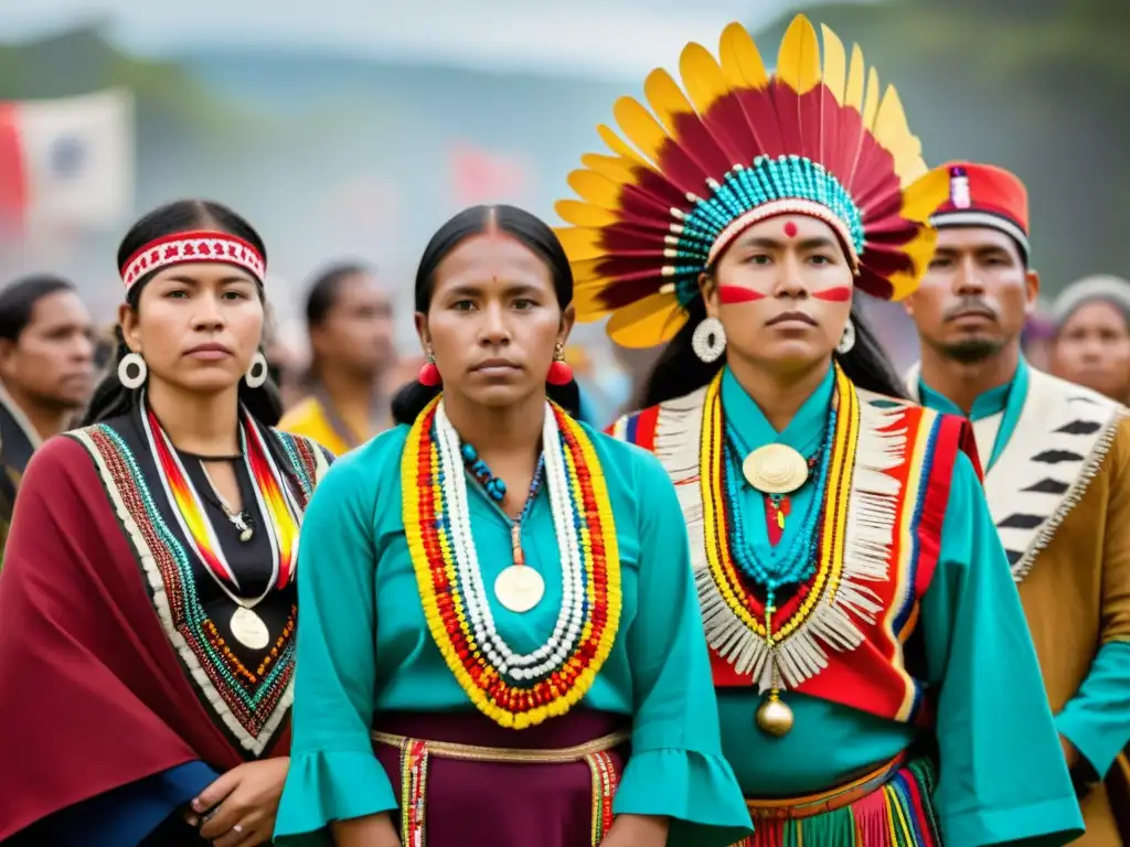 Grupo de activistas indígenas en expresiones culturales lucha indígena, vistiendo coloridos atuendos tradicionales, unidos en resistencia y tradición