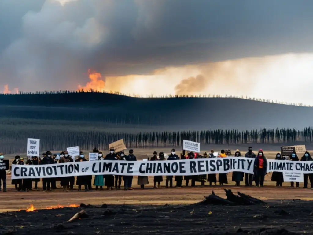 Un grupo de activistas e indígenas frente a un paisaje desolado, exigiendo compromisos corporativos cambio climático derechos humanos