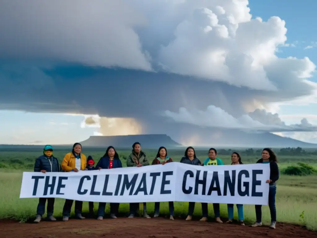 Grupo de activistas indígenas frente a paisaje deforestado, mostrando determinación y unidad en activismo climático en zonas riesgo