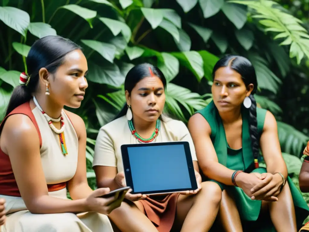 Grupo de activistas indígenas discutiendo herramientas digitales para activismo, rodeados de exuberante vegetación