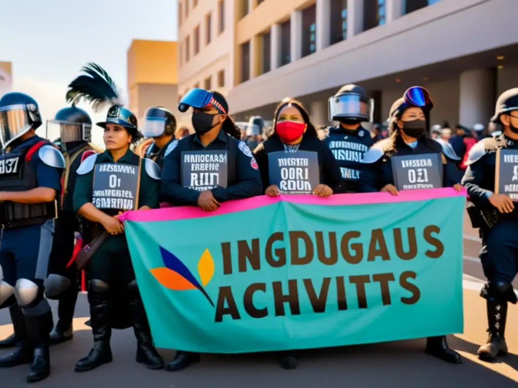 Grupo de activistas indígenas protestando contra la minería en sus tierras, desafiando a la policía