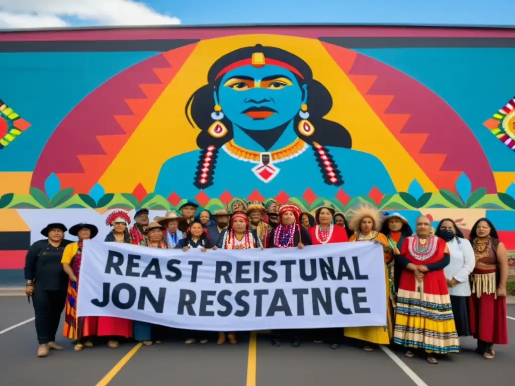 Grupo de activistas indígenas de todo el mundo frente a mural colorido, representando la resistencia y la herencia cultural