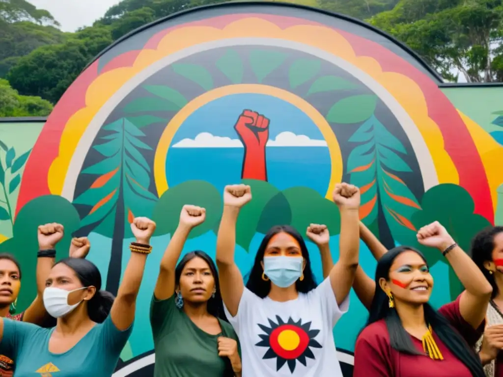 Grupo de activistas indígenas en mural vibrante, expresando solidaridad y determinación