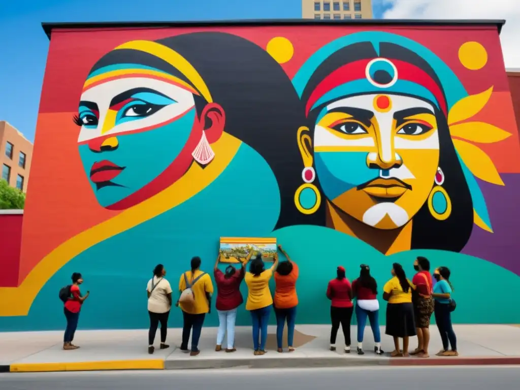 Un grupo de activistas indígenas crea un mural colorido en la ciudad, representando su herencia cultural y luchas