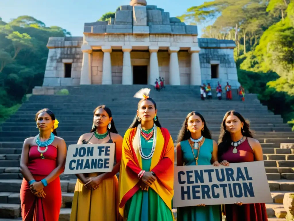 Un grupo de activistas indígenas defiende el patrimonio cultural frente a un templo antiguo