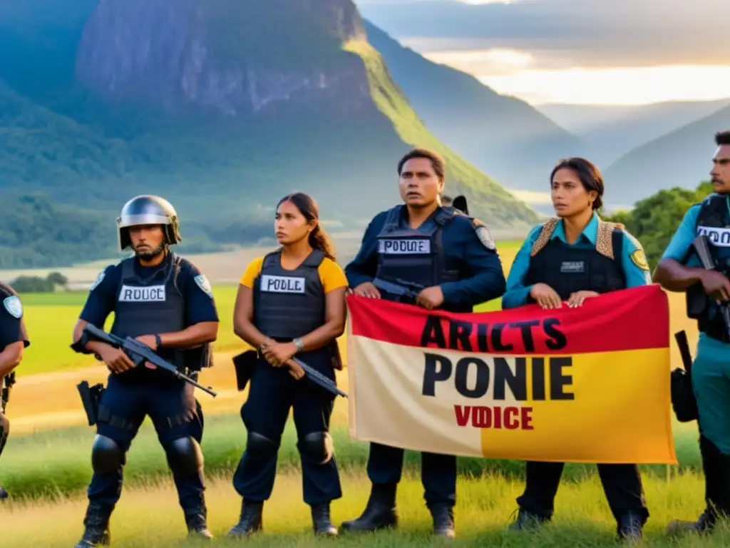 Grupo de activistas indígenas enfrentando policías en un paisaje montañoso, reflejando movimientos sociales resistencia explotación minera