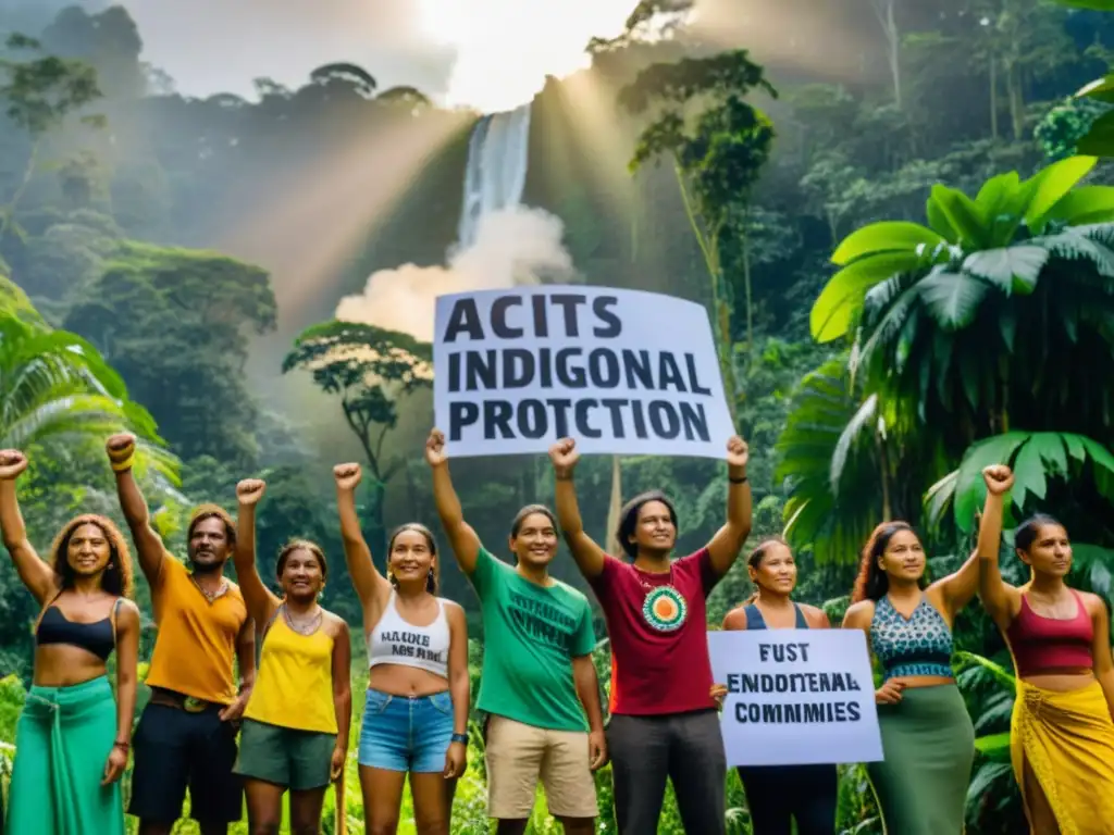 Un grupo de activistas indígenas levantan los puños en protesta en una exuberante selva