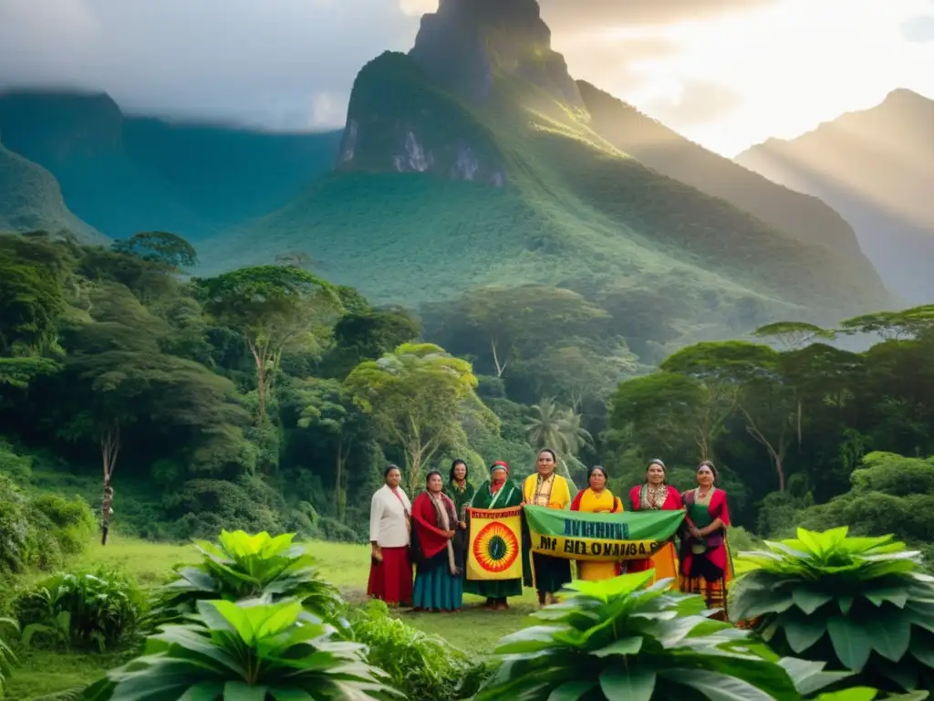 Un grupo de activistas indígenas en la selva con atuendos tradicionales, sosteniendo pancartas por el activismo indígena historias inspiradoras