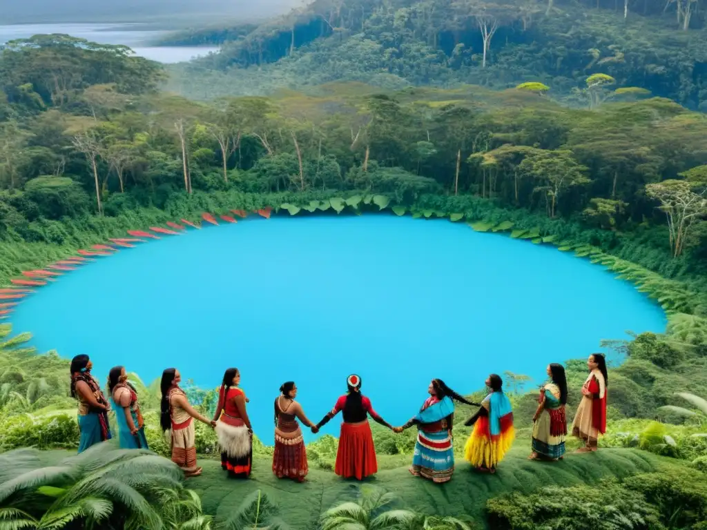 Grupo de activistas indígenas unidos en círculo frente a la exuberante selva, reflejando determinación y lucha contra el cambio climático