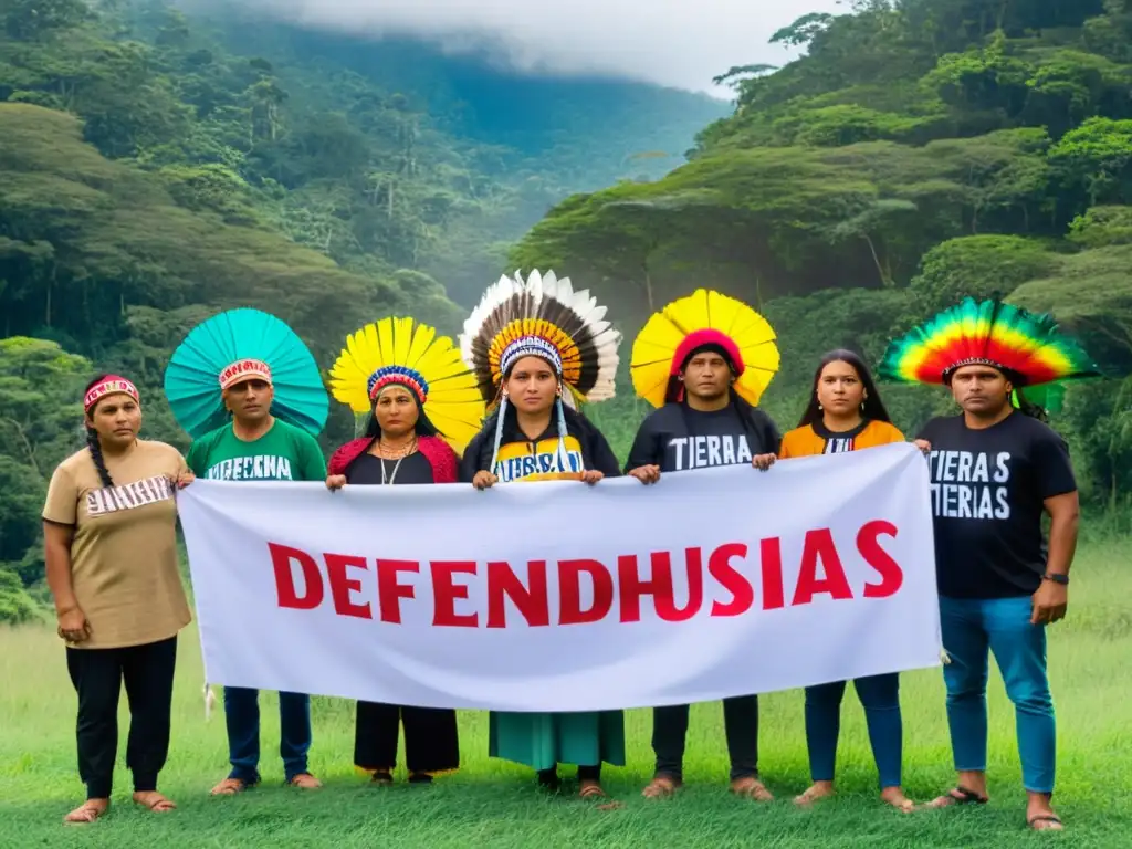 Grupo de activistas indígenas unidos en círculo, levantando un cartel que dice 'Defendiendo Nuestras Tierras' en una selva