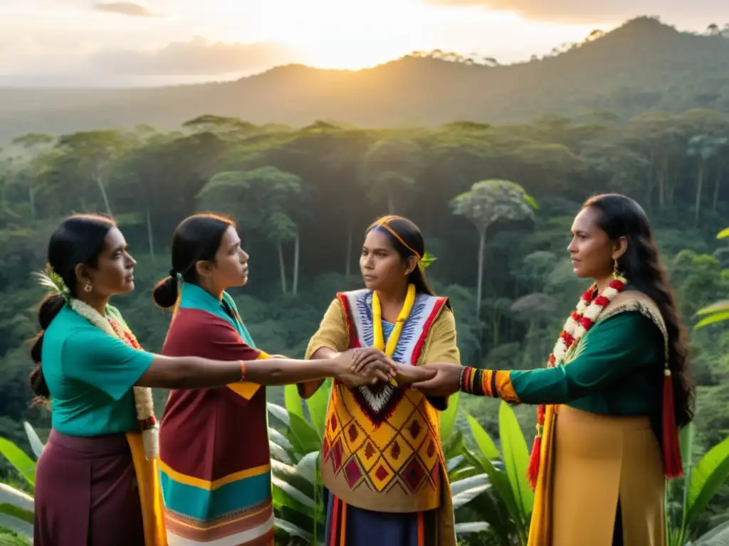 Un grupo de activistas indígenas unidos, mirando hacia la exuberante selva, con atuendos tradicionales y expresiones determinadas