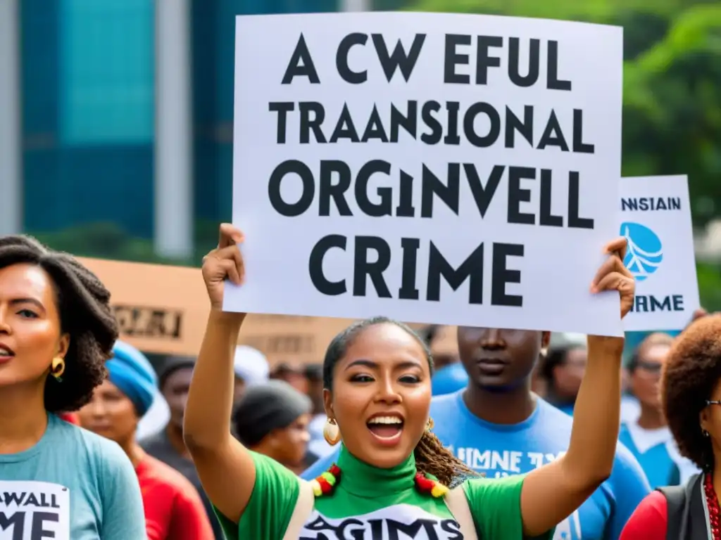 Un grupo de activistas muestra letreros impactantes contra la delincuencia organizada frente a la sede de la Convención de las Naciones Unidas