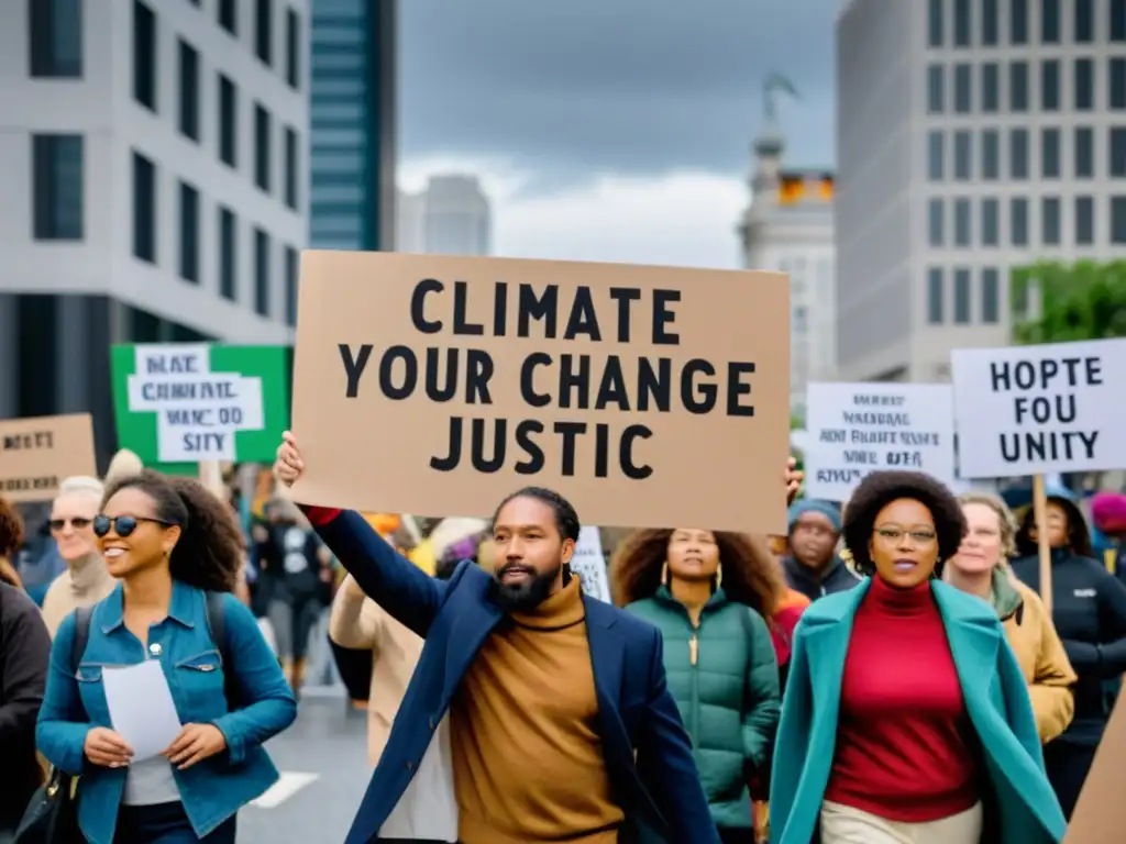 Un grupo de activistas diversos marcha por la ciudad con pancartas por el Derecho a la Protesta Climática, expresando determinación y unidad