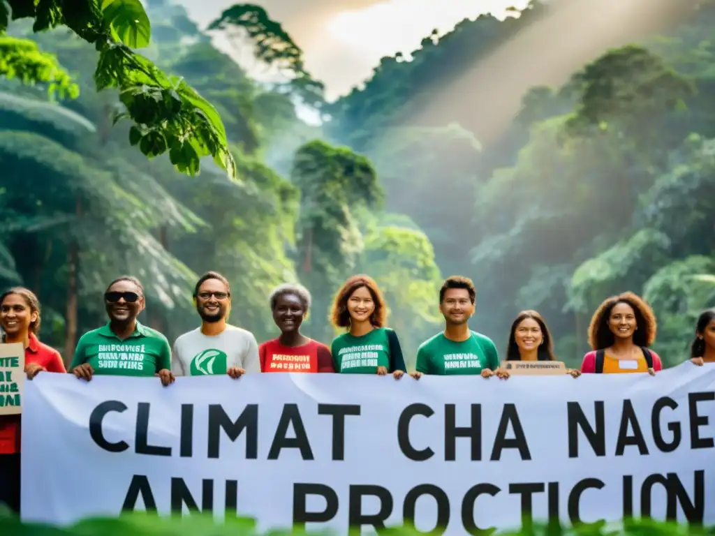 Grupo de activistas de ONGs ambientales unidos, con pancartas y mensajes sobre cambio climático y protección ambiental