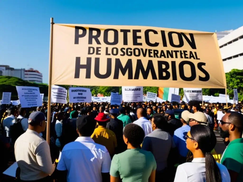 Grupo de activistas de ONGs defienden la protección de derechos humanos frente al cambio climático, mostrando determinación y unidad en blanco y negro