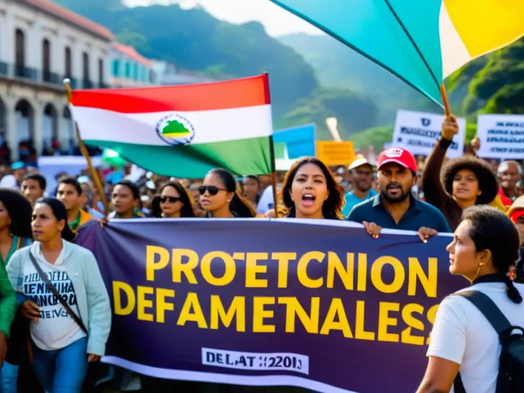 Grupo de activistas marchando con pancarta 'Protección Defensores Ambientales' en manifestación por el activismo climático