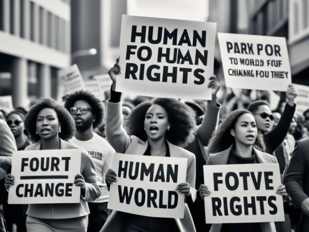 Un grupo de activistas marchando con determinación, sosteniendo pancartas por los derechos humanos