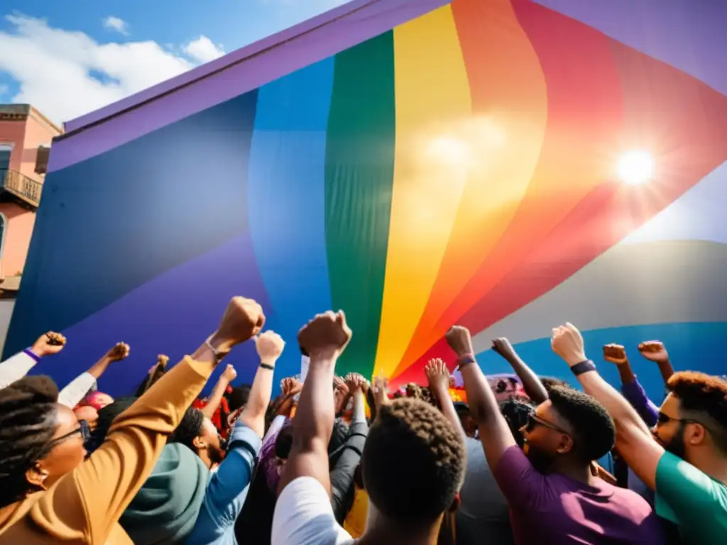 Un grupo de activistas LGBTIQ+ sostienen pancartas en frente de un mural colorido