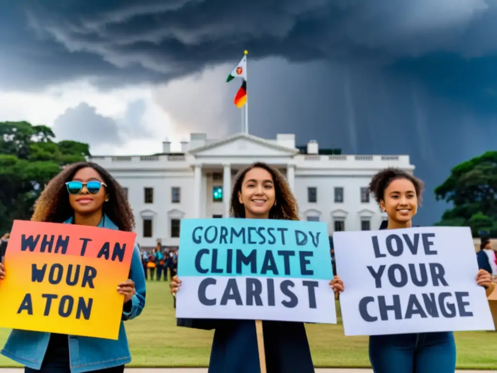 Un grupo de jóvenes activistas sostiene pancartas hechas a mano con mensajes poderosos sobre el cambio climático frente a un edificio gubernamental, con determinación y pasión en sus ojos