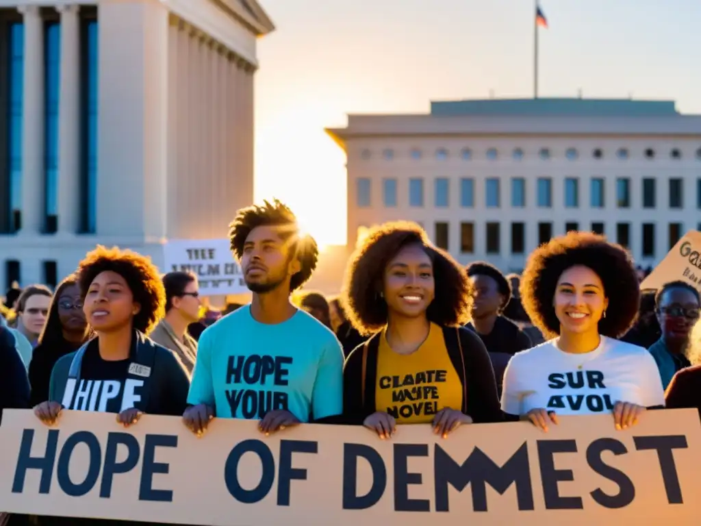 Jóvenes activistas con mensajes impactantes sobre cambio climático Un grupo de jóvenes activistas sostiene pancartas con mensajes poderosos sobre el cambio climático frente a un edificio gubernamental al atardecer