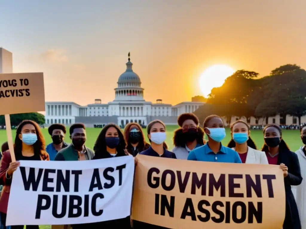 Un grupo de jóvenes activistas sostiene pancartas con mensajes poderosos frente a un edificio gubernamental al atardecer, demostrando su pasión y determinación por la Acción climática movilizar jóvenes