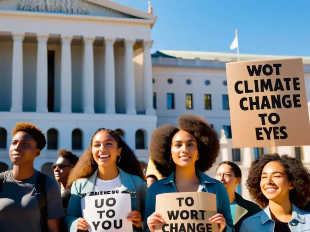 Un grupo de jóvenes activistas sostiene pancartas con mensajes poderosos sobre el cambio climático frente a un edificio gubernamental, con determinación y pasión en sus ojos