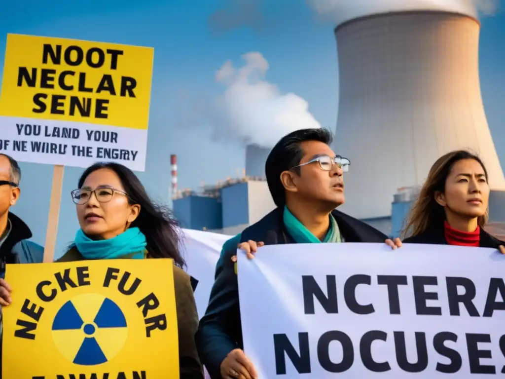 Un grupo de activistas sostiene pancartas fuera de una planta nuclear, expresando determinación y urgencia