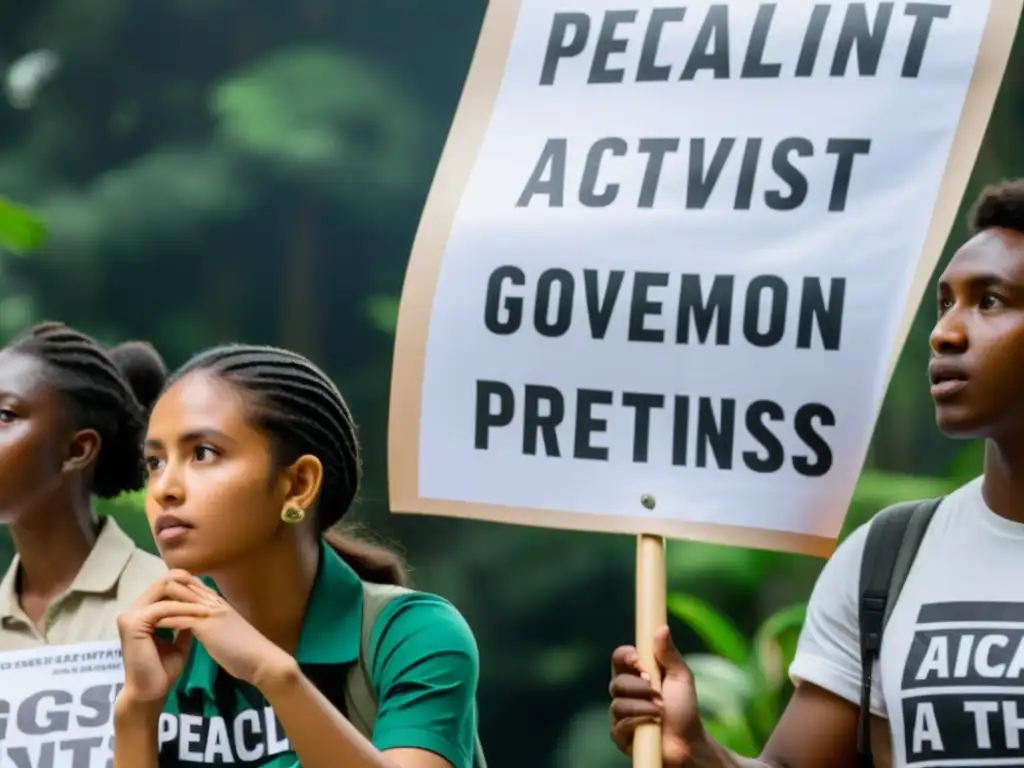 Un grupo de jóvenes activistas sostiene pancartas y protesta pacíficamente frente a un edificio gubernamental, rodeados de exuberante vegetación y carteles de especies en peligro