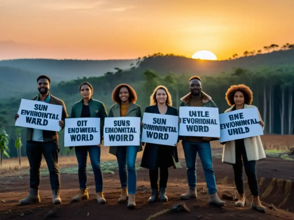 Un grupo de activistas de pie frente a una zona deforestada, sosteniendo pancartas con mensajes ambientales