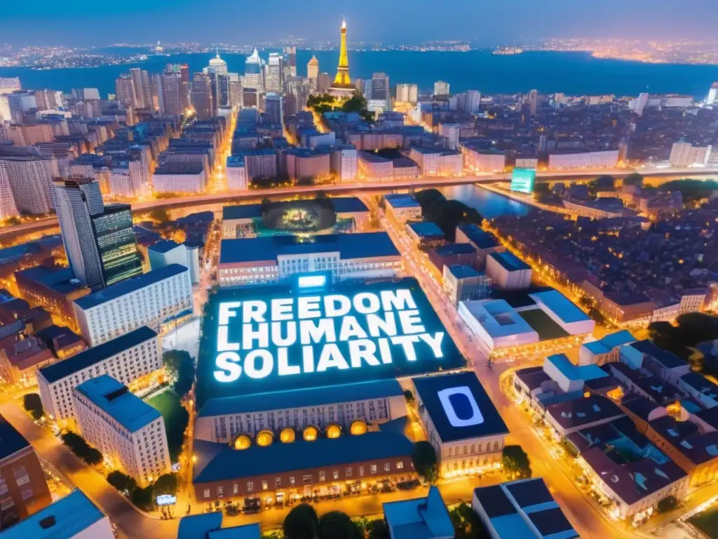 Un grupo de activistas se reúne en una protesta pacífica en una ciudad iluminada por la noche, mostrando mensajes de libertad en sus dispositivos