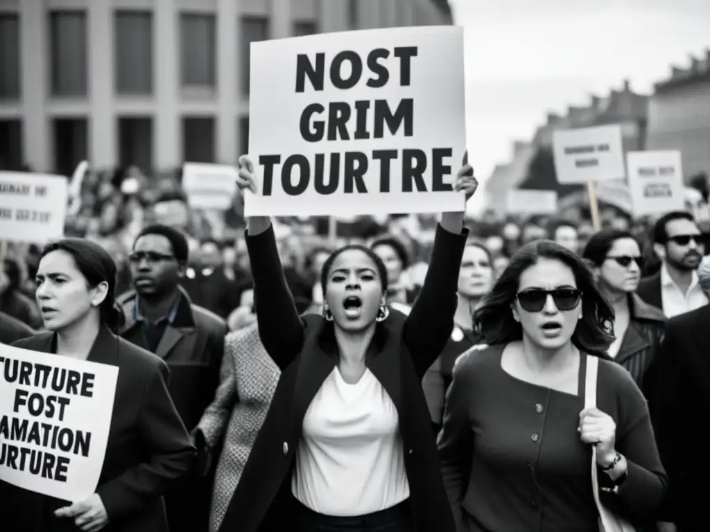 Grupo de activistas marchando con determinación en protesta contra la tortura, levantando carteles en lucha contra la tortura derechos humanos