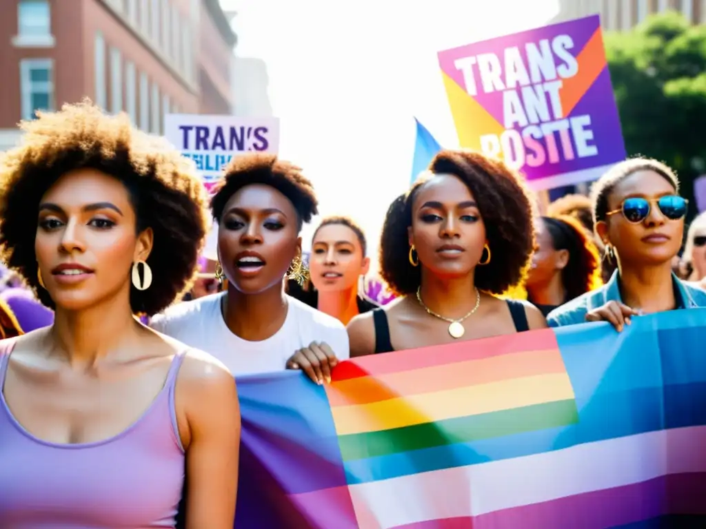 Un grupo de activistas transgénero marcha con determinación y resiliencia en una manifestación colorida, mostrando la diversidad y unidad de la comunidad