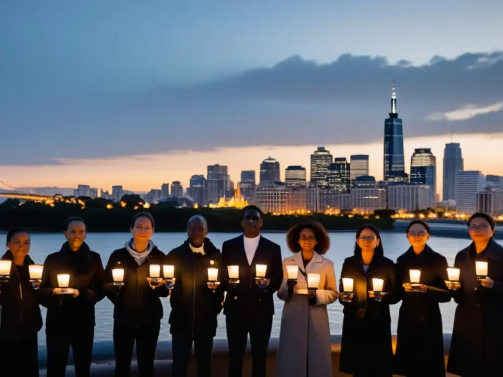 Un grupo de activistas sostiene velas en protesta pacífica, con el horizonte de la ciudad al atardecer de fondo