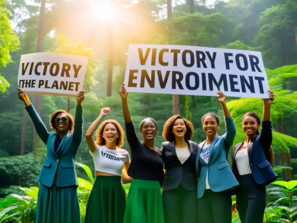 Grupo de activistas celebra victoria por el medio ambiente en un bosque exuberante