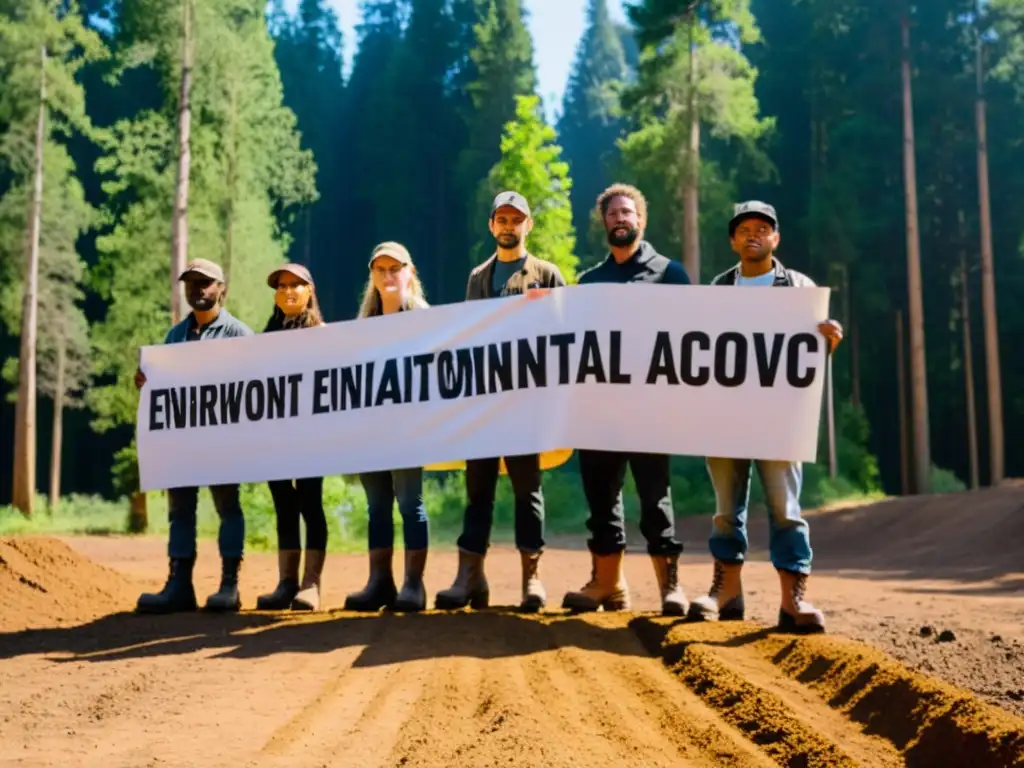 Grupo de activistas en zona deforestada, con mensajes de activismo ambiental en zonas de riesgo