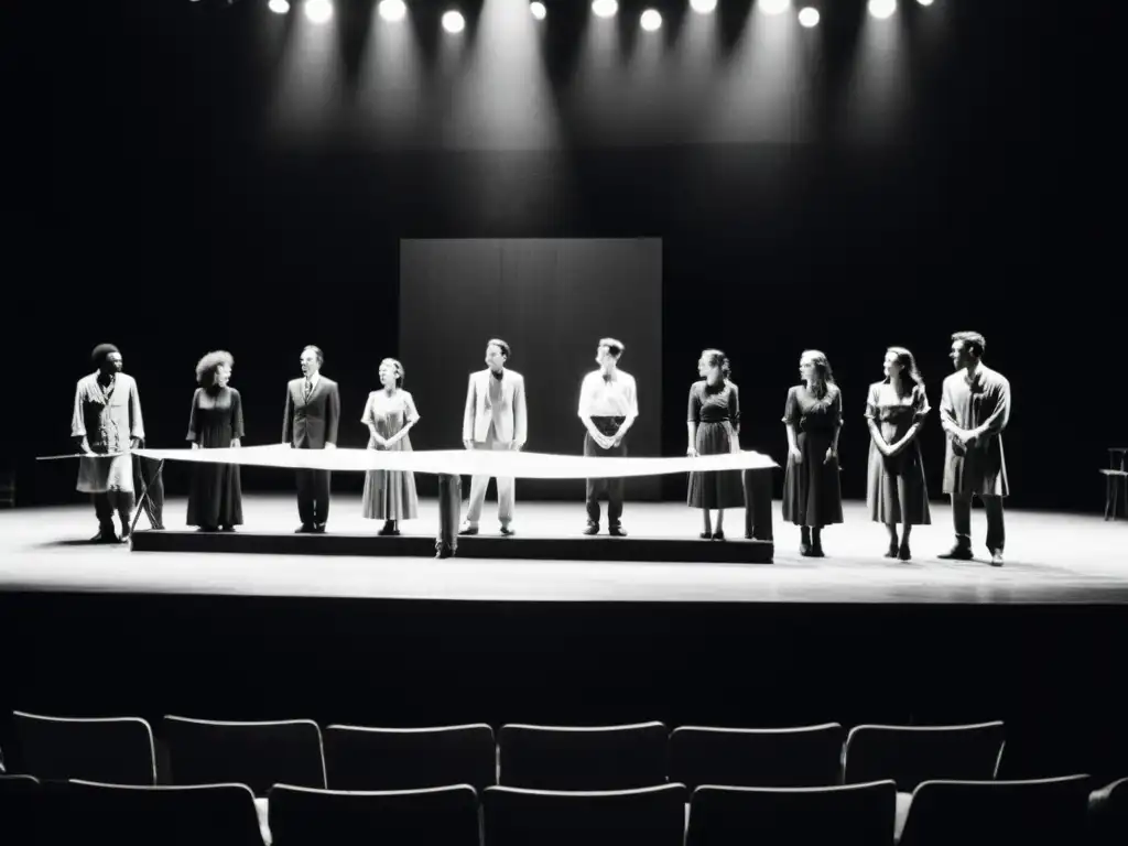 Grupo de actores en escena, expresando pasión y determinación en una potente actuación teatral sobre resistencia durante dictaduras sudamericanas