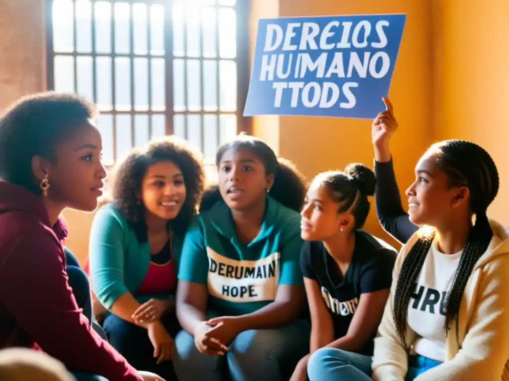 Un grupo de adolescentes diversos discuten apasionadamente sobre derechos humanos