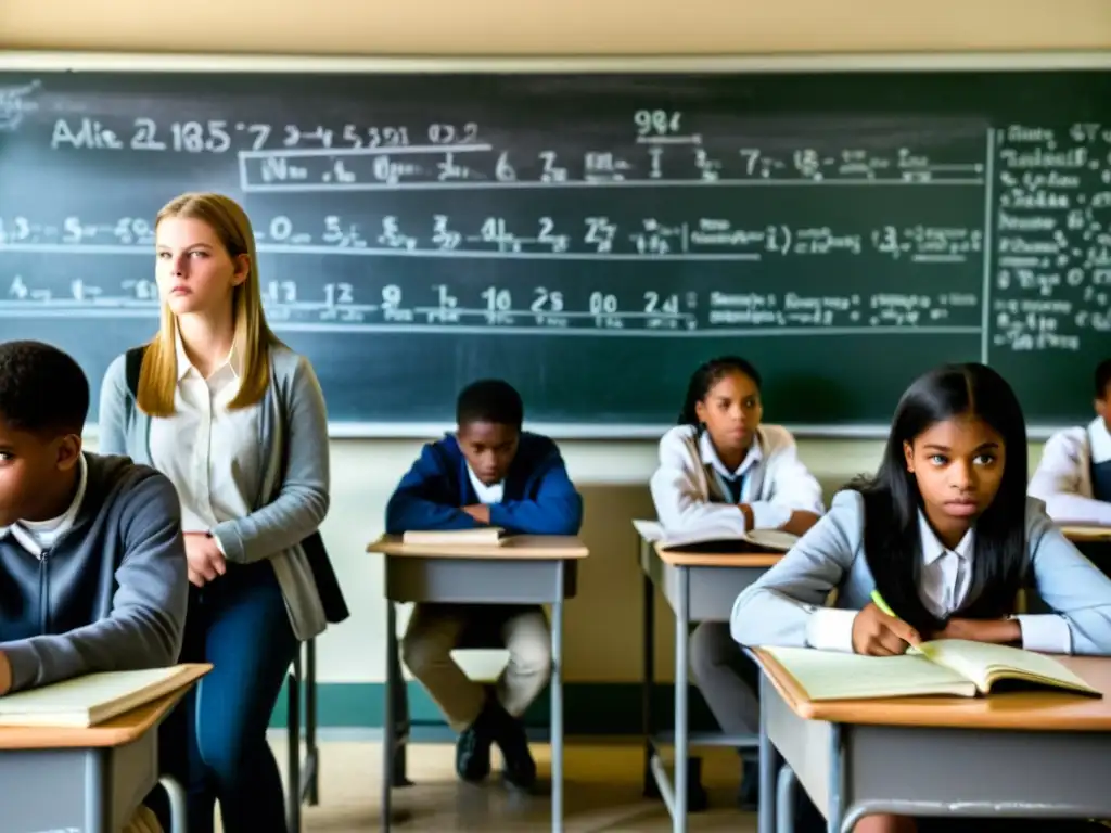 Grupo de adolescentes desmotivados en aula, con maestro autoritario y material educativo obsoleto