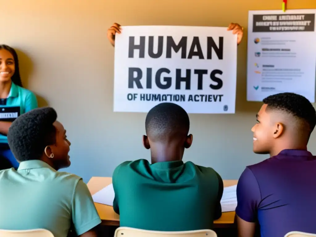 Un grupo de adolescentes diversos participa activamente en una discusión sobre derechos humanos en un aula moderna y bien iluminada