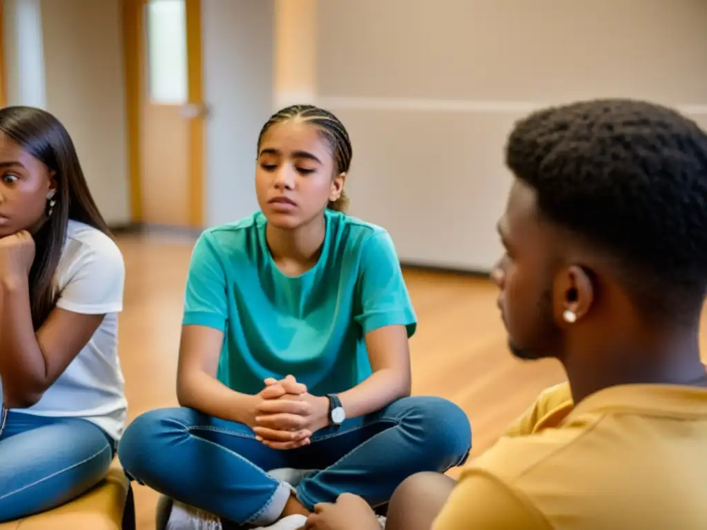 Un grupo de adolescentes comparten emociones durante una sesión de terapia de prevención adicciones adolescencia tratamiento