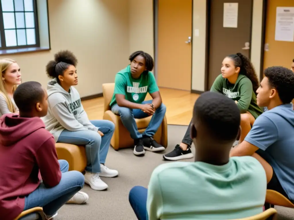 Grupo de adolescentes en sesión de apoyo, con consejero liderando la charla