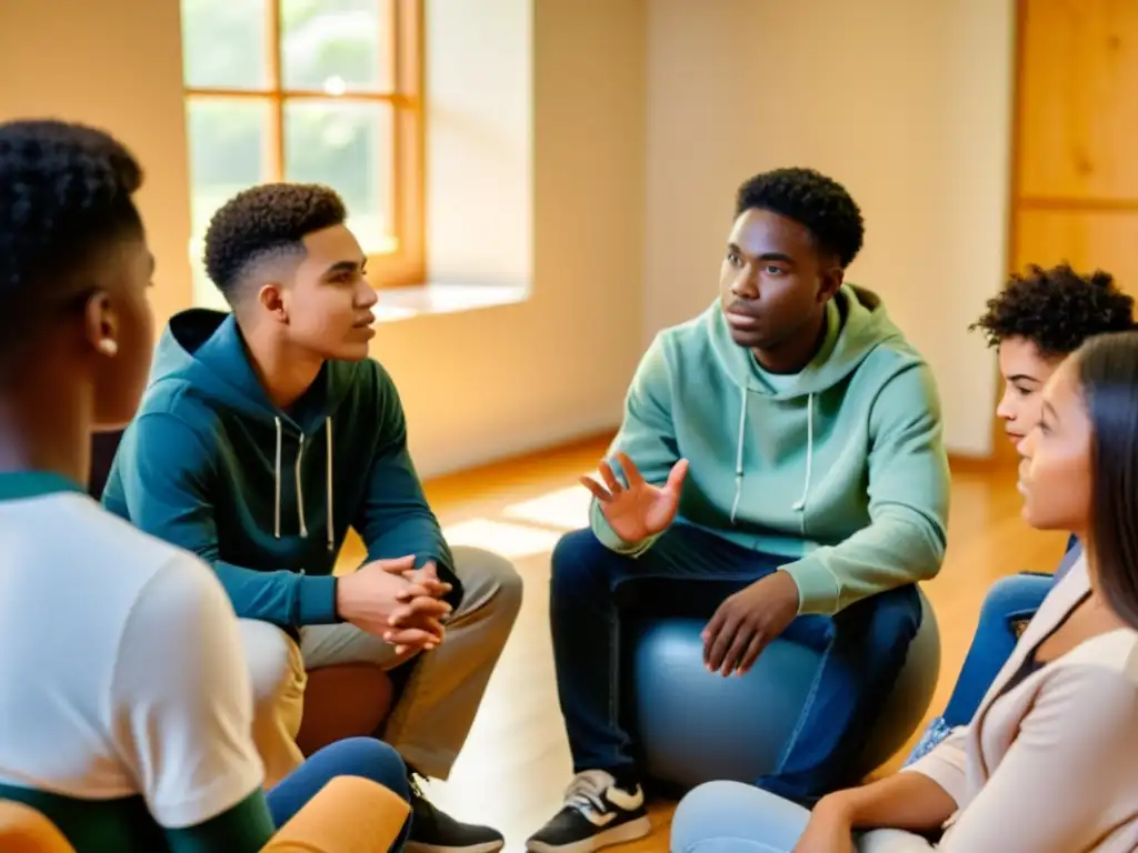 Un grupo de adolescentes diversos participa en una terapia de prevención de adicciones