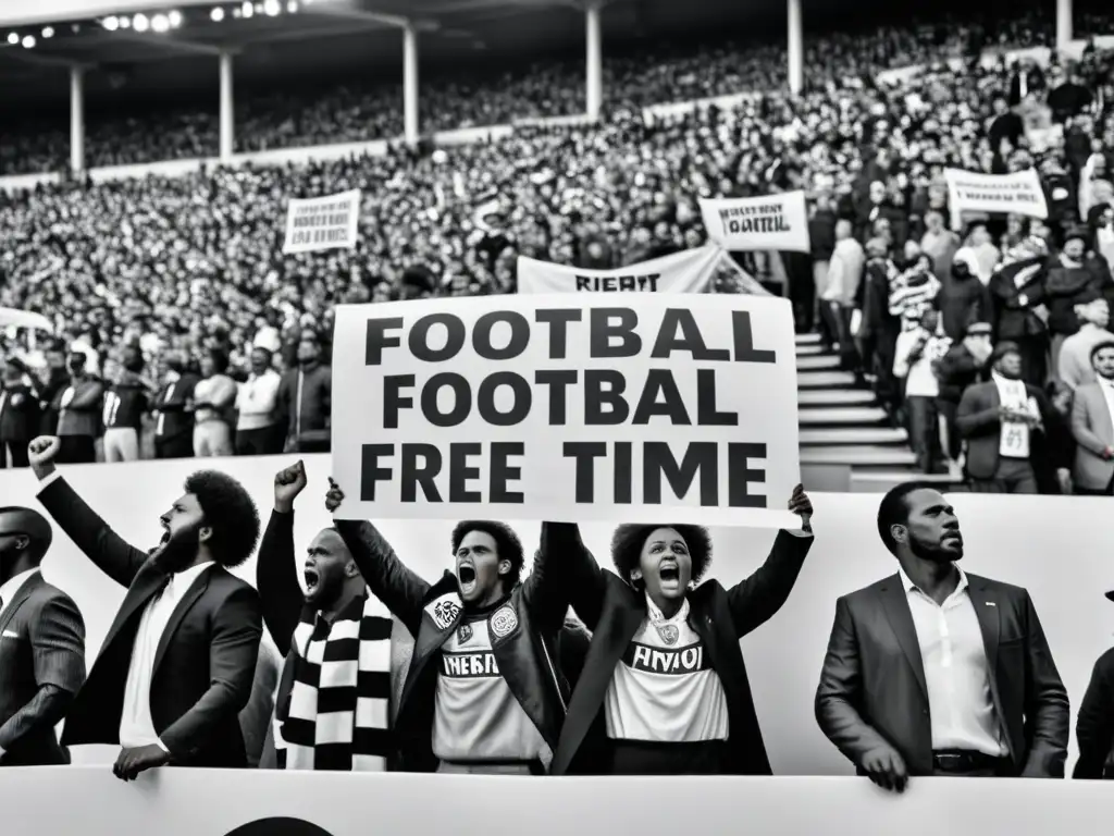 Grupo de aficionados de fútbol en estadio, mostrando pancartas en protesta, en medio de caos, expresando activismo en el fútbol durante dictaduras