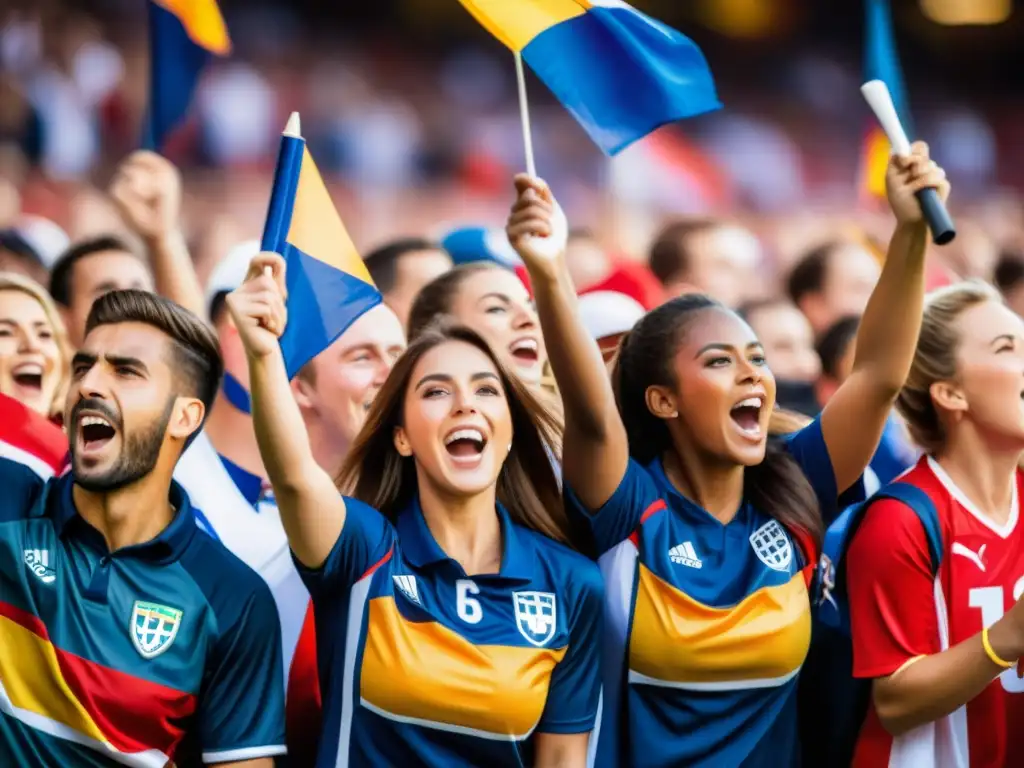 Grupo de aficionados internacionales en un momento intenso de fervor y camaradería durante un evento deportivo