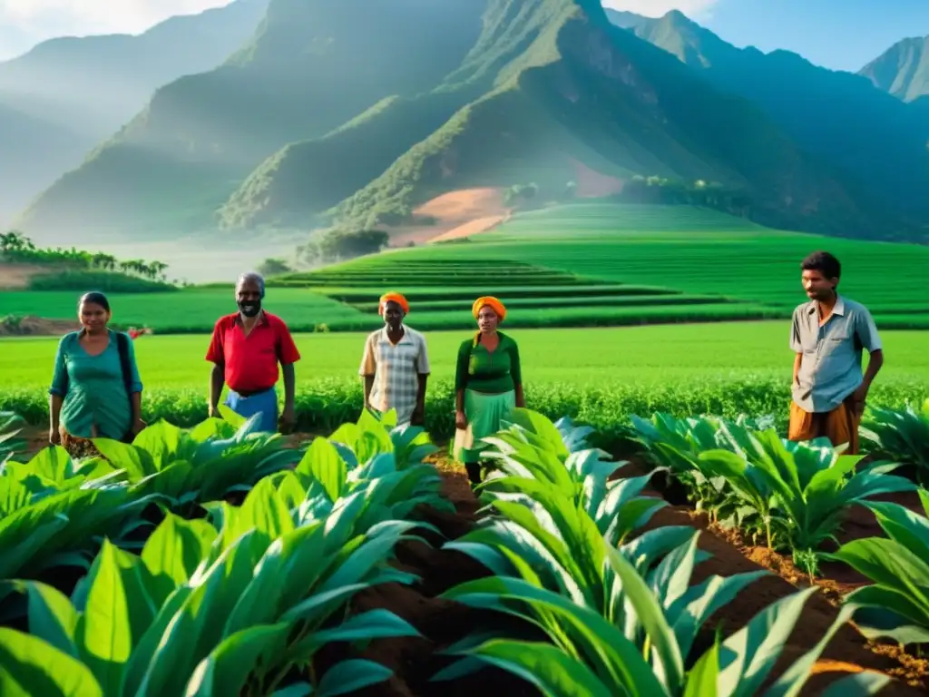 Un grupo de agricultores y activistas locales trabajan la tierra en una escena de un campo de cultivos verdes y vibrantes