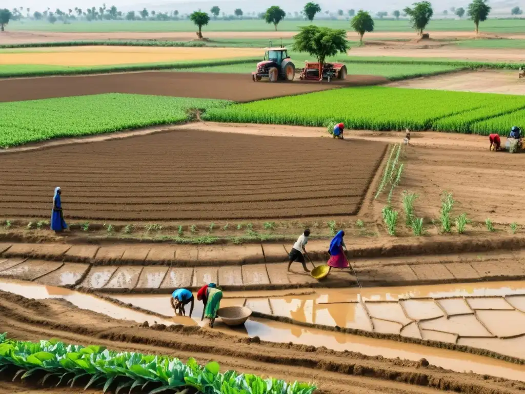 Grupo de agricultores trabajando en un campo afectado por la sequía, con suelo agrietado y cultivos marchitos