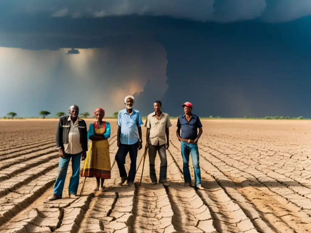 Grupo de agricultores en un campo reseco, buscando desesperadamente lluvia